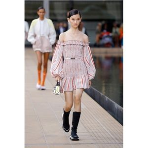 Longchamp Off The Shoulder Striped Smocked Mini Dress Spring Summer 2020 Runway